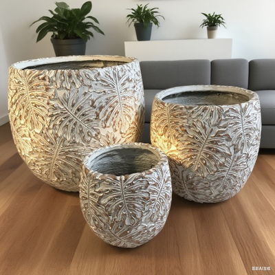 GRC pot grijze ronde vezelcement plantenbak met een monstera blad design patroon lichtgewicht duurzaam onderhoudsarm bloempot vakantie Villa kantoor decoratie Daktuin landschapsproject